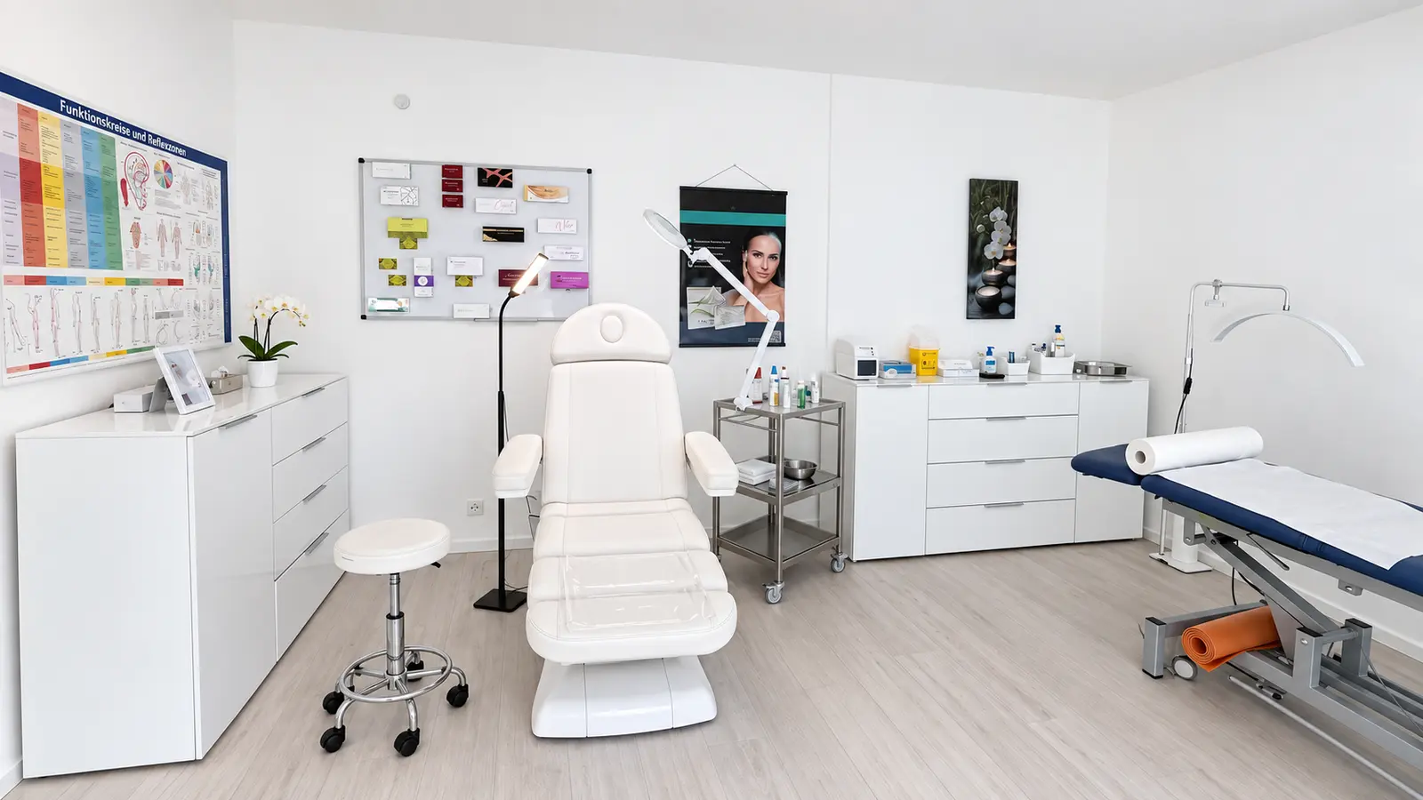 Heller Therapieraum mit Behandlungsstuhl und Liege
